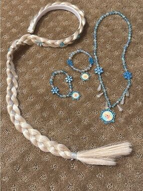 Disney Frozen Elsa Blonde Braided Headband with Blue Jewelry Set